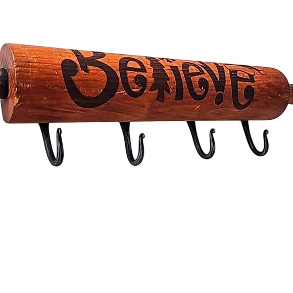 Vintage Christmas Wooden Rolling Pin with 4 Hangers for Pot Holders, Aprons Etc. - Picture 3 of 9